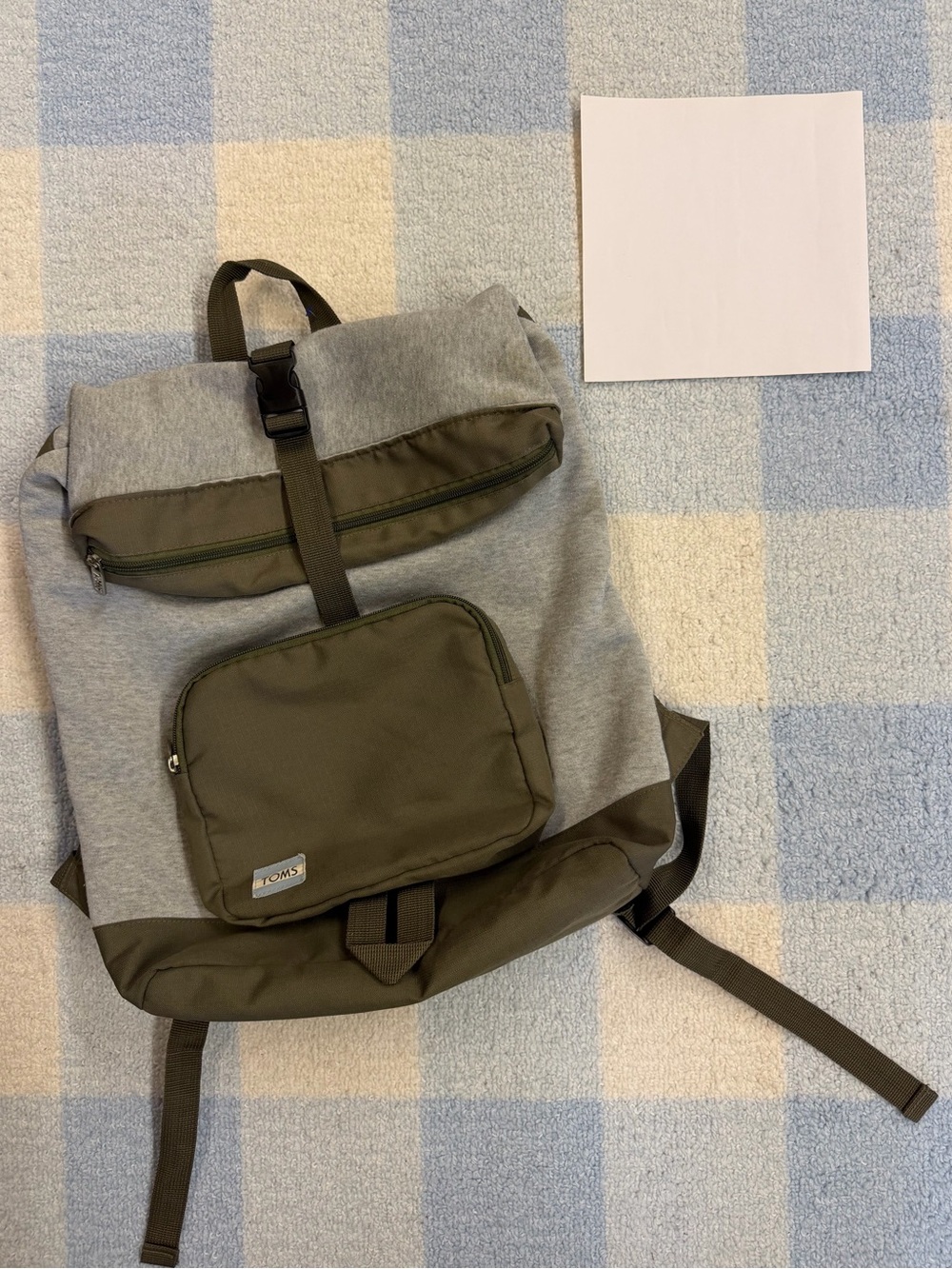 TOMS Men's Grey and Olive Roll-Top Backpack with Front Pocket